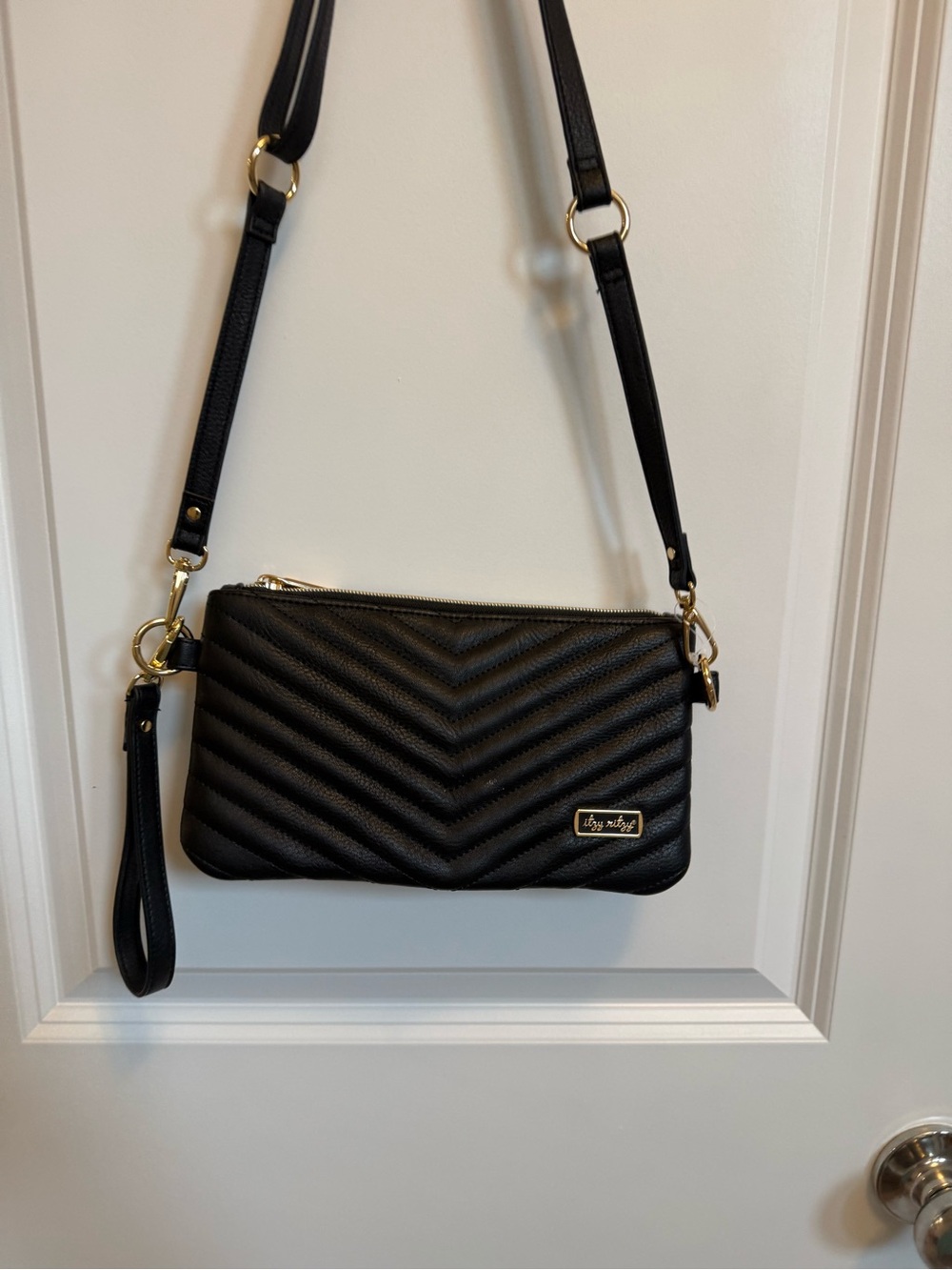 Black Quilted Crossbody Bag with Gold Hardware -